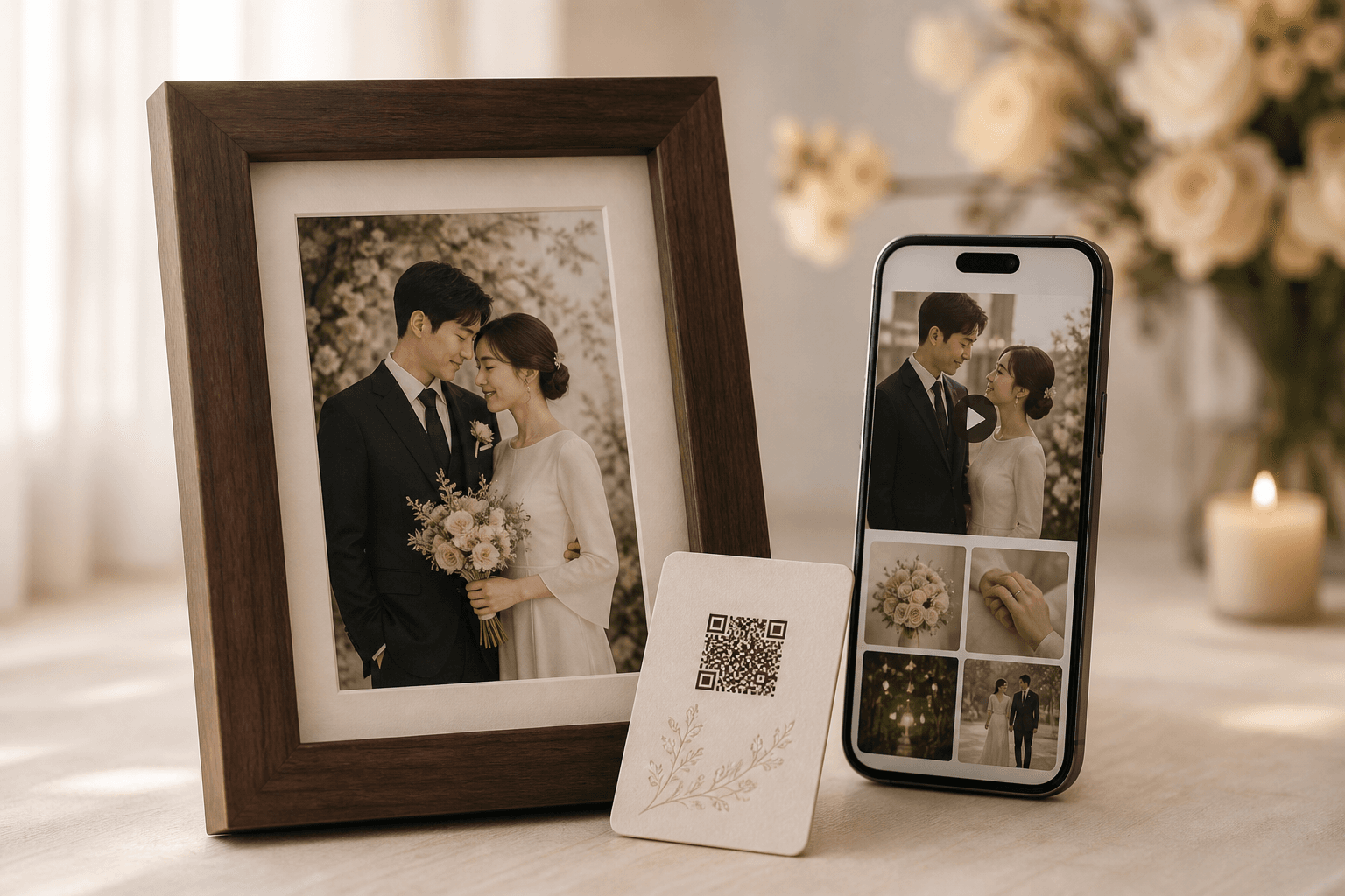 결혼사진이 담긴 원목 액자와 QR 카드, 추억 영상을 보여주는 휴대전화